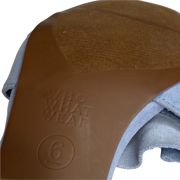 new Who What Wear ꧁ Zadie Ruffled Mule Heels Slide In Sandals ꧂ Blue Vegan Suede - Picture 14 of 16